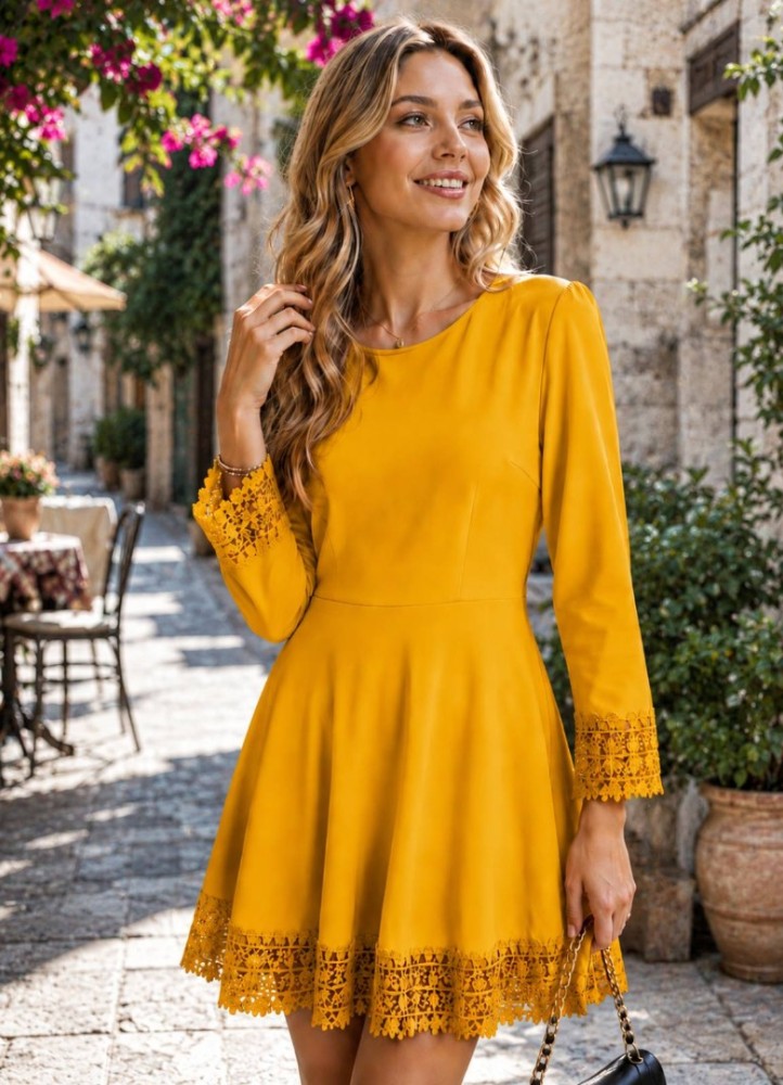 0196 Μίνι φόρεμα Classic Lace Μουσταρδί