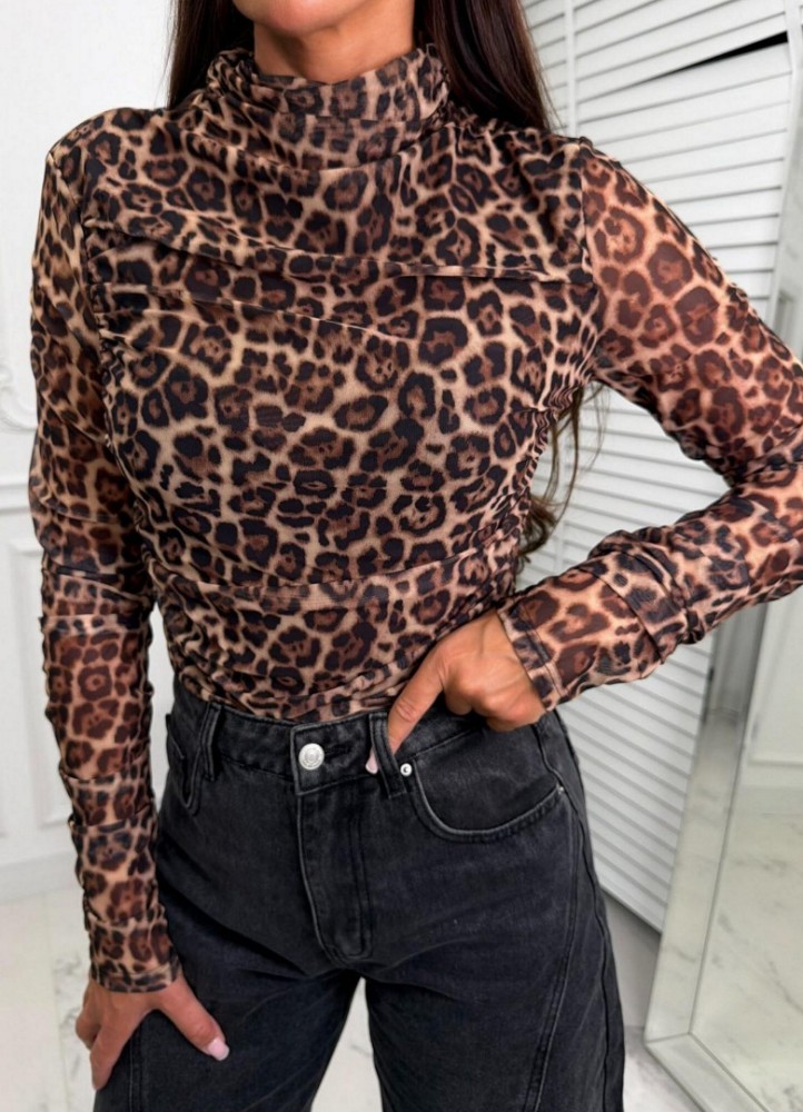 0538 Μπλούζα animal print με διαφάνεια Καφέ