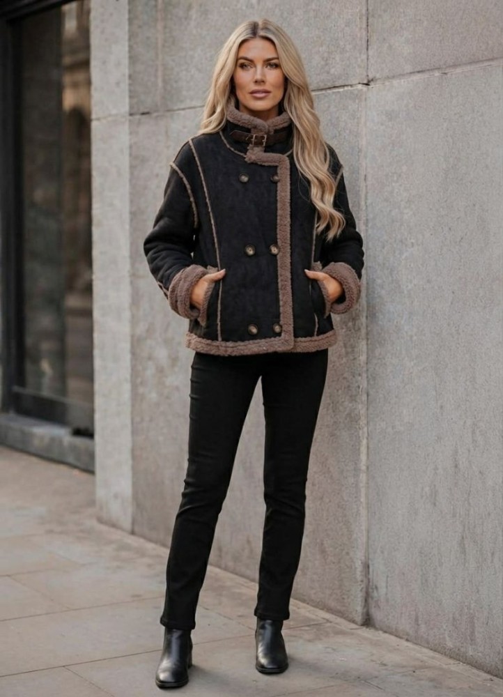 21311 Μπουφάν μουτόν style με γουνάκι Μαύρο