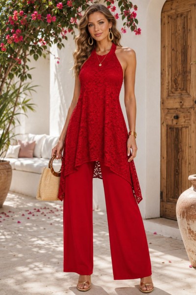 1632 Ολόσωμη φόρμα Lace Style Κόκκινο