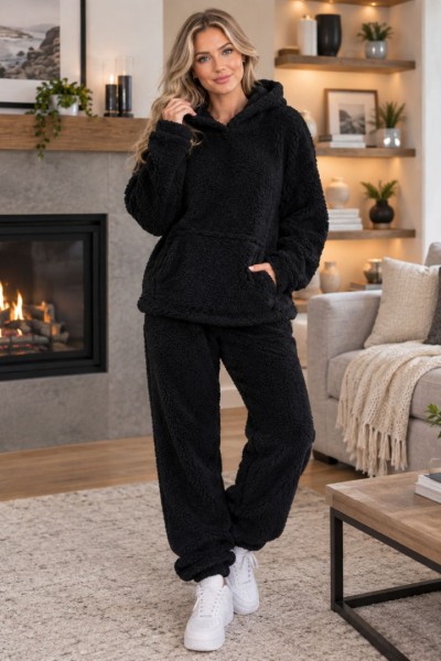 12998 Σετ Μπλούζα & παντελόνι Hoodie προβατακι Μαύρο
