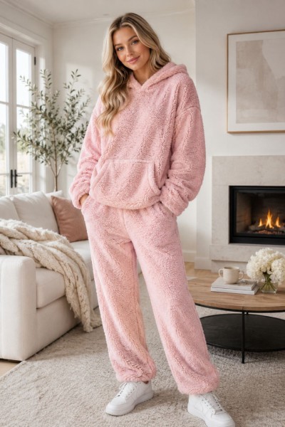 12998 Σετ Μπλούζα & παντελόνι Hoodie προβατακι Ροζ