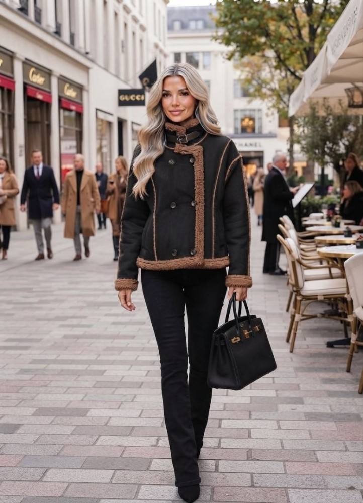 21311 Μπουφάν μουτόν style με γουνάκι Μαύρο