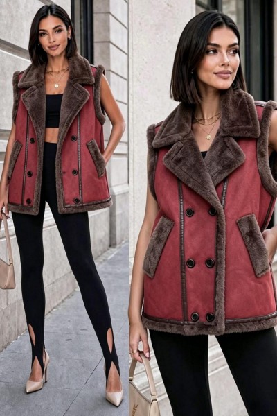 21298 Αμάνικο Μπουφάν Suede Style Μπορντό-κόκκινο