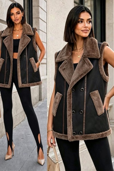 21298 Αμάνικο Μπουφάν Suede Style Μαύρο