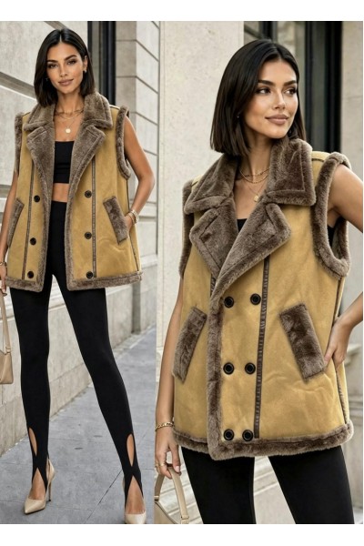 21298 Αμάνικο Μπουφάν Suede Style Μουσταρδί