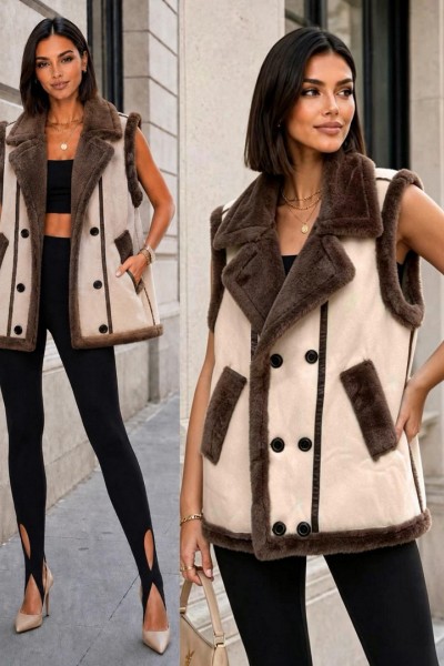 21298 Αμάνικο Μπουφάν Suede Style Μπεζ