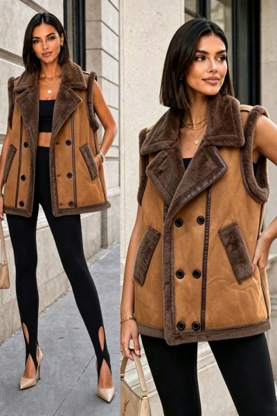 21298 Αμάνικο Μπουφάν Suede Style Κάμελ