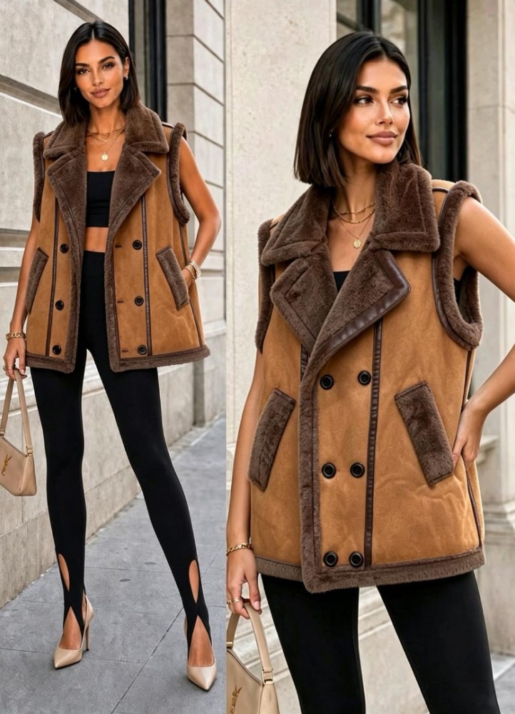 21298 Αμάνικο Μπουφάν Suede Style Κάμελ