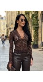 0515 Μπλούζα ελαστική με δαντέλα Καφέ