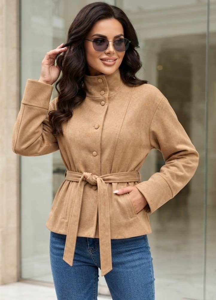21262 Jacket Suede Style με ζώνη Κάμελ