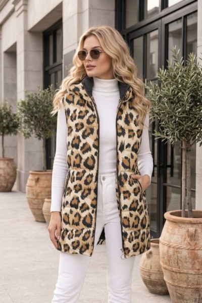 21258 Αμάνικο μπουφάν Leopar Μαύρο-Μπεζ