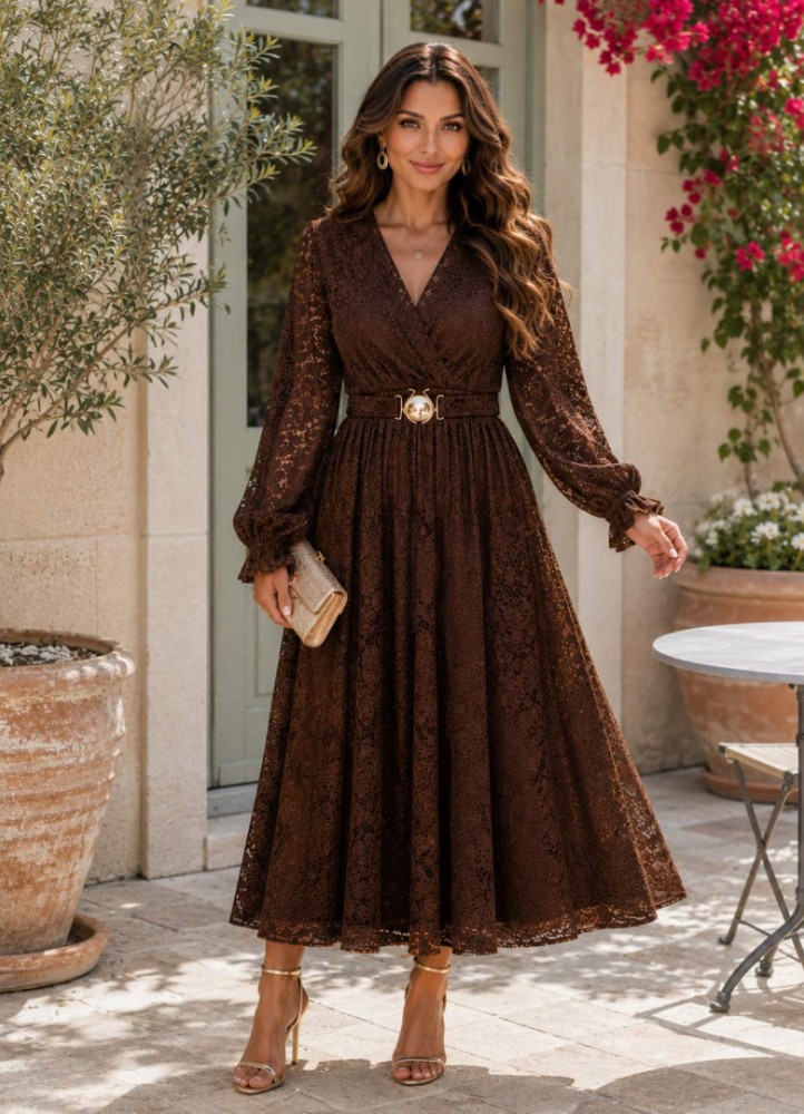0193 Midi φόρεμα σε διάφορα prints Καφέ