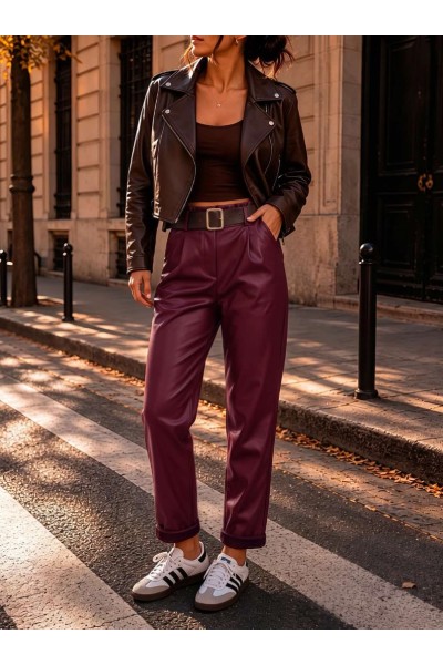 19610 Παντελόνι δερματίνη με τσέπες Μπορντό
