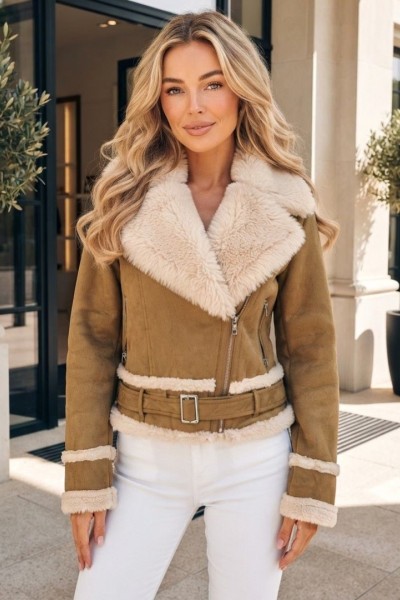21232 Μπουφάν Suede Fur Style Κάμελ