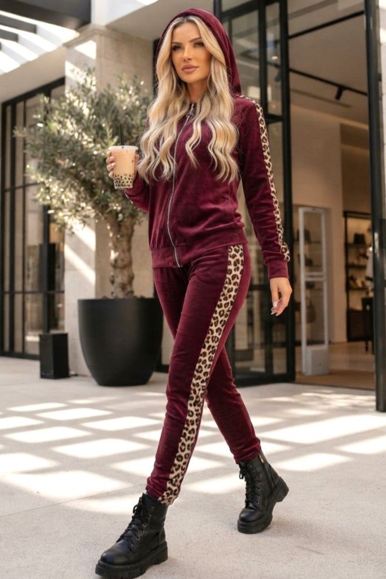 12840 Σετ παντελόνι με ζακέτα velvet leopar Μπορντό