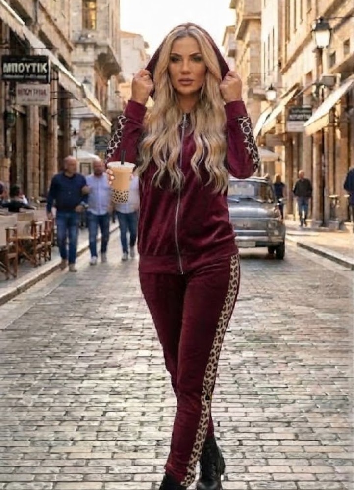 12857 Σετ παντελόνι με ζακέτα velvet leopar Μπορντό