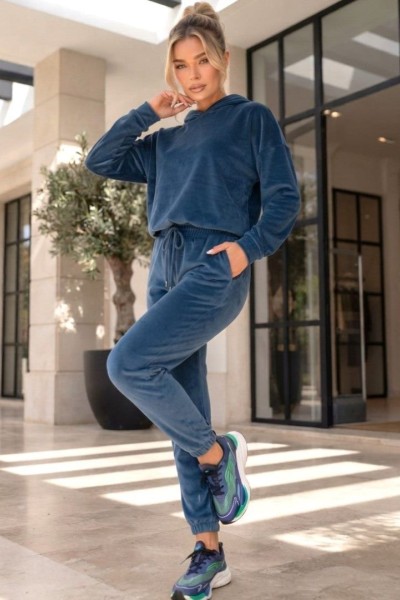 12835 Σετ παντελόνι με ζακέτα velvet Πετρόλ