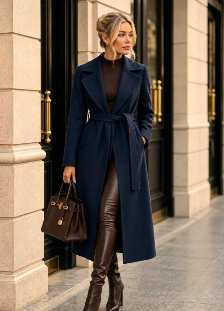 21190 Παλτό μακρύ Elegance με ζώνη Μπλε