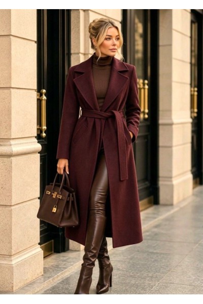 21190 Παλτό μακρύ Elegance με ζώνη Μπορντό