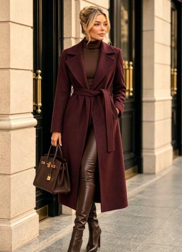 21190 Παλτό μακρύ Elegance με ζώνη Μπορντό