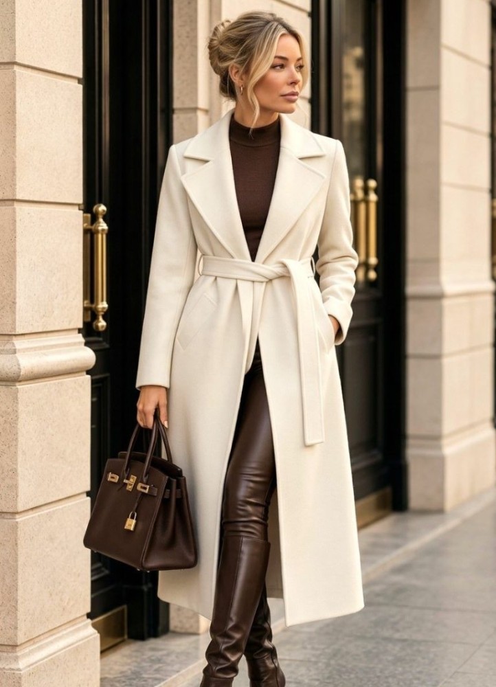 21190 Παλτό μακρύ Elegance με ζώνη ζαχαρί