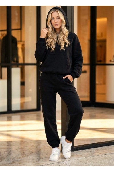 12826 Σετ φόρμα με κουκούλα Sports Style Μαύρο
